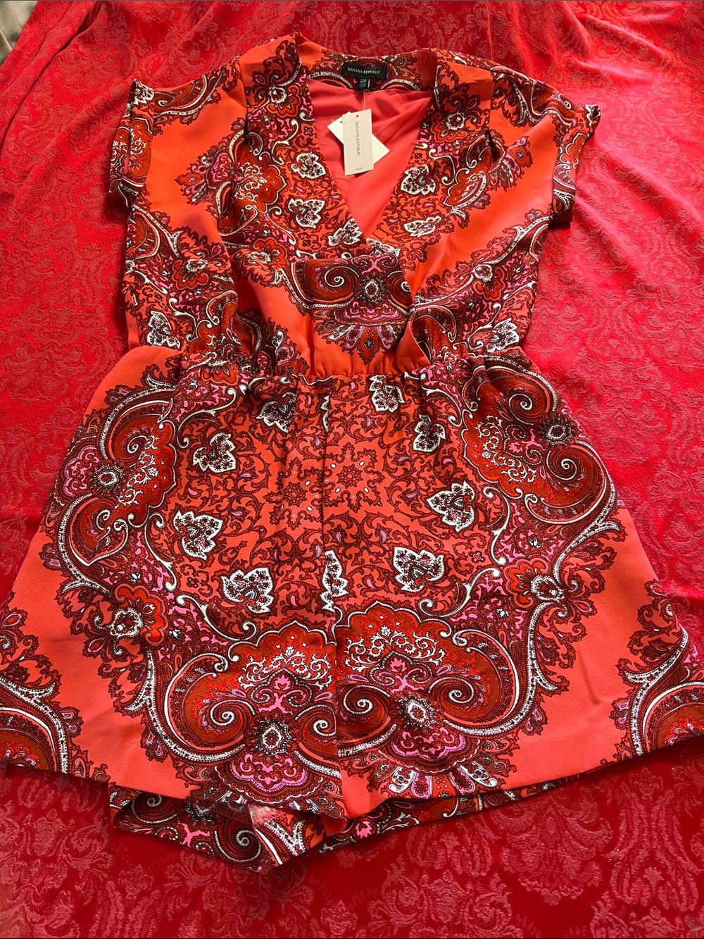 Banana Republic Paisley Romper Women 12 Petite Red Orange NWT V Neck
